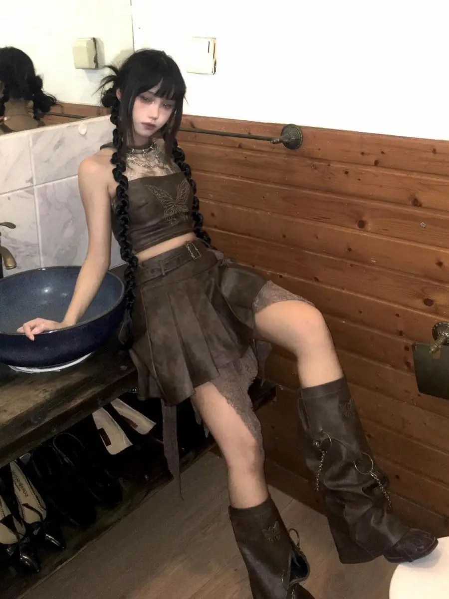 2000s Aesthetic Elegant 2 Piece Set Women Y2k Gothic Leather Sexy Design Tops + Pleated Chic Skirt Female Korean Popular Clothes