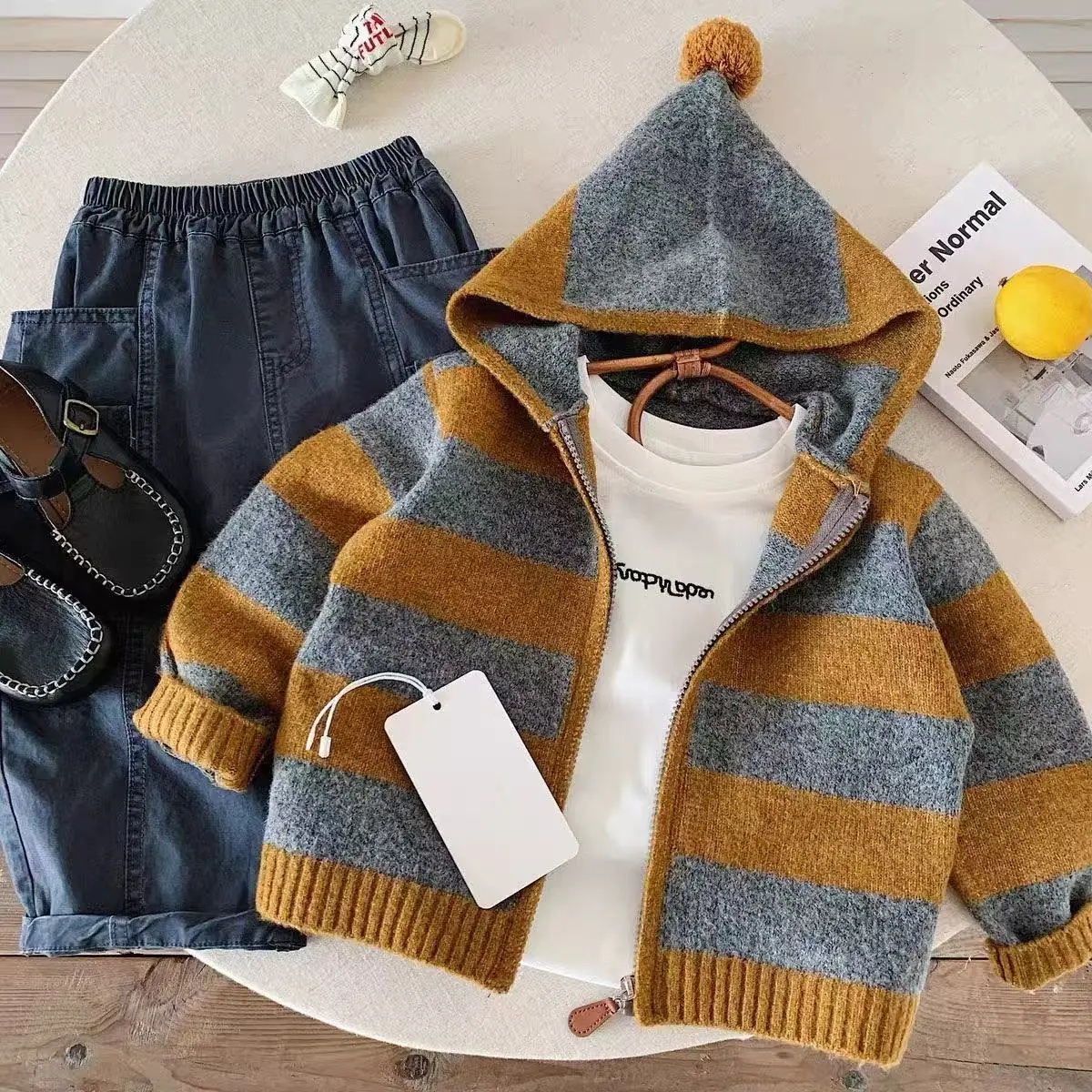 Children's Hooded Sweater 2026 Autumn New Style For Boys and Girls Fashion Knitted Cardigan Striped Jacket