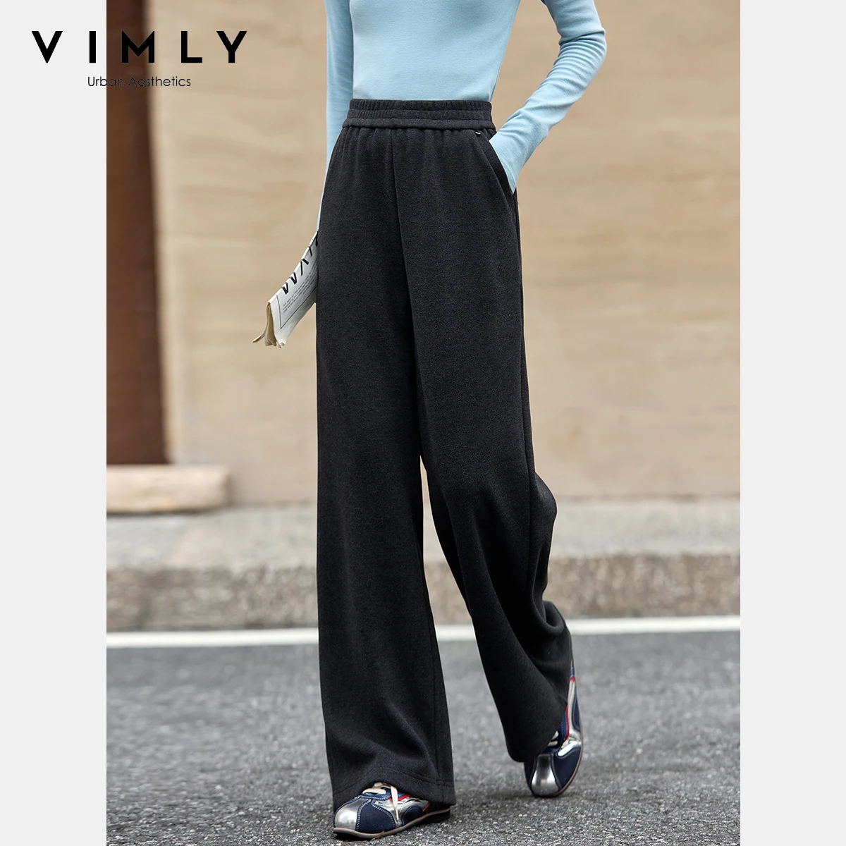 VIMLY femme gris pantalons longs décontracté tricoté jambe large femme pantalon automne 2025 poches élégantes ample Strecth dames pantalon A2538