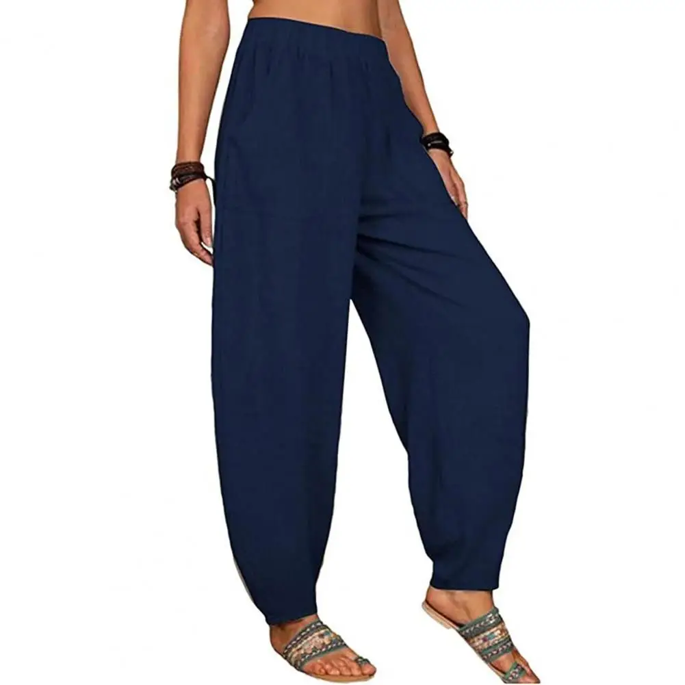 Women Pants Women’s High Waist Elastic Pants Loose Fit Wide Leg Trousers with Pockets Pure Color Harem Pants for Wear Summer