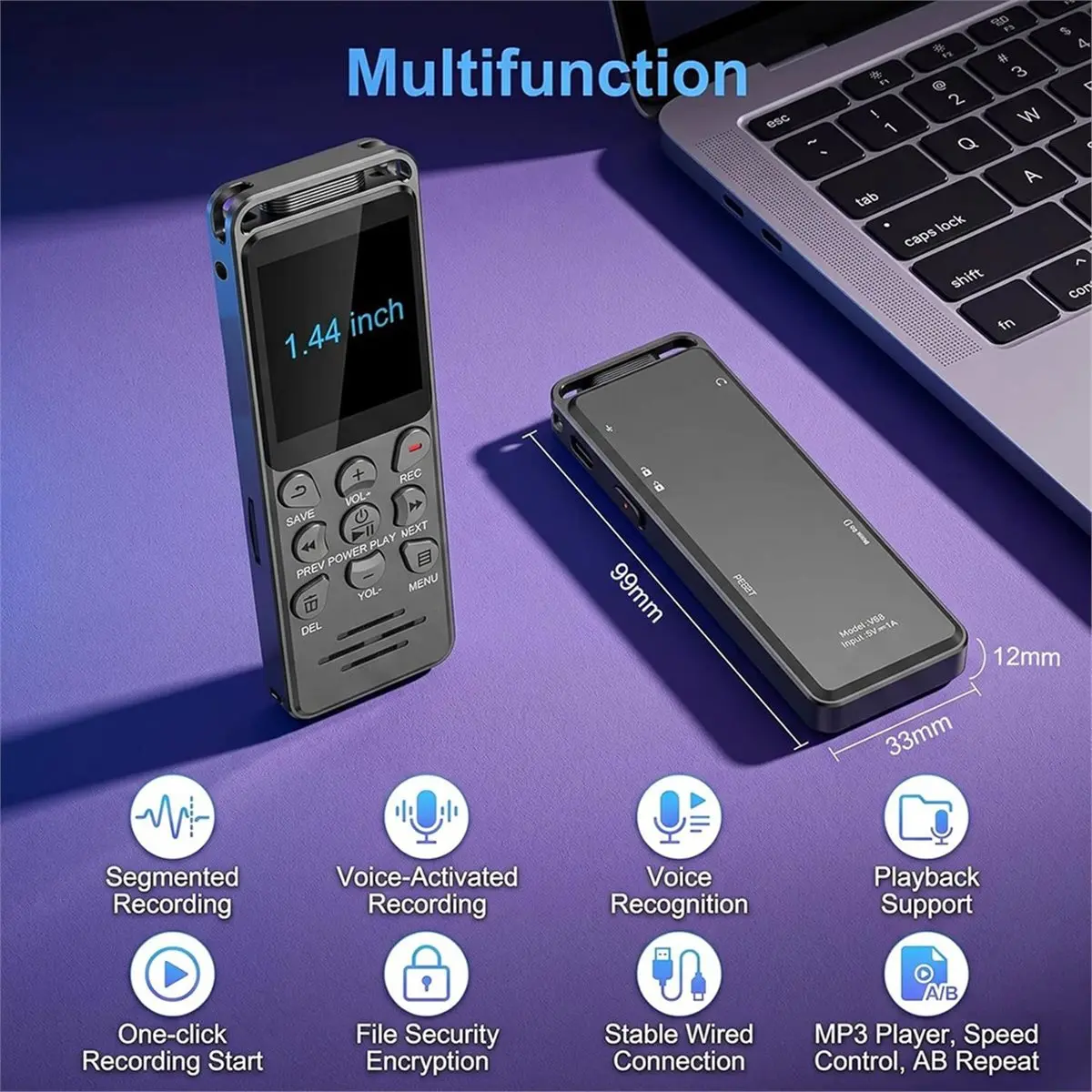 newA10R 8GB Digital Voice Recorder HD Audio Recording Smart Voice Recognition A-B Repeat Password Lock Voice Activated USB-C