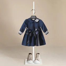 Fashion Long Sleeve Girl Dress Plaid Casual Wear Belt British Style Dress Cotton Kids Clothing Children's Wear Summer 1-6 Years