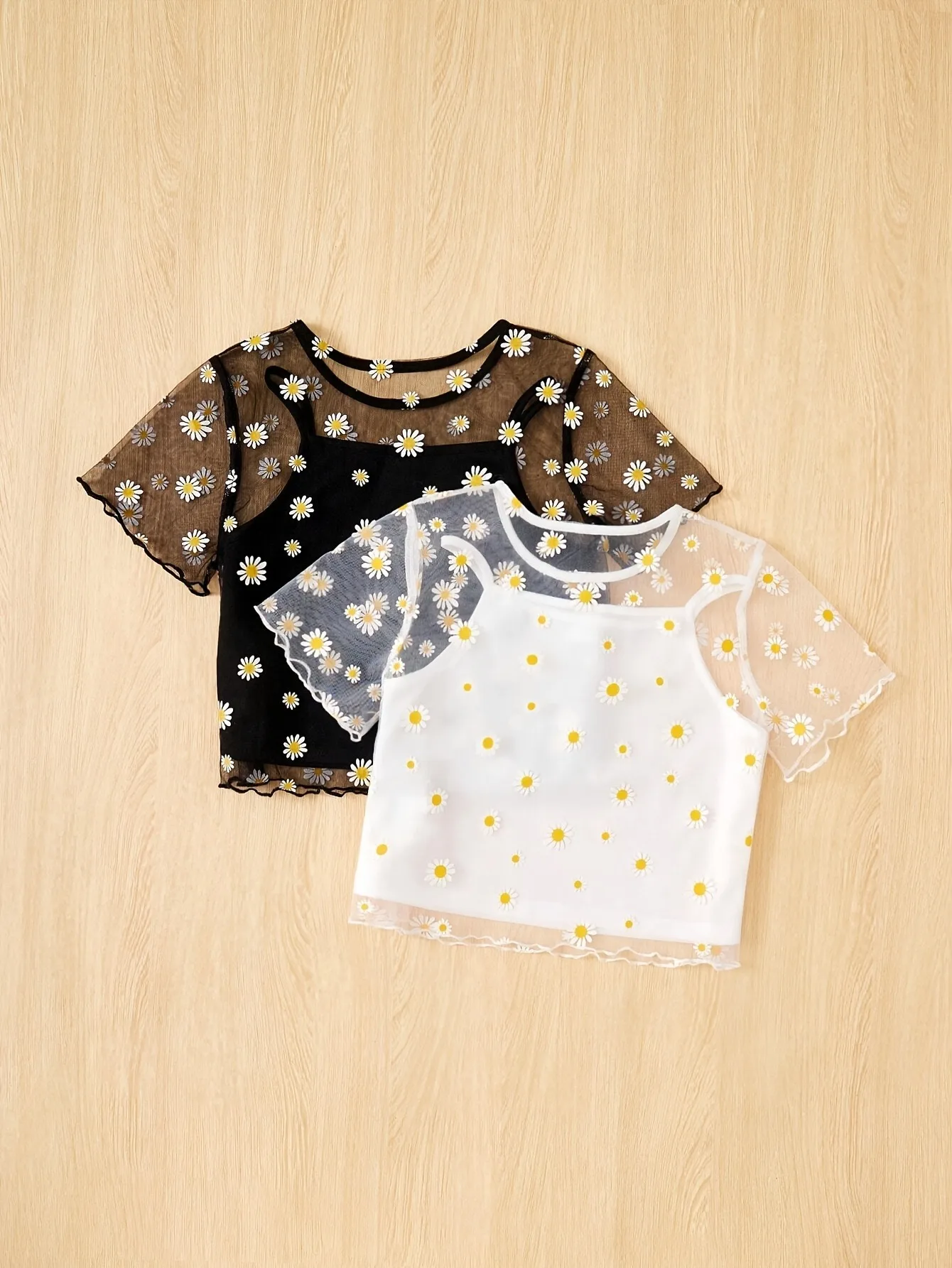 Breathable Kids Girls 4 Piece Layering Suit, Ditsy Daisy Sheer Mesh Tops With Sleeveless Undershirts for Daily Wear Beach Trip O