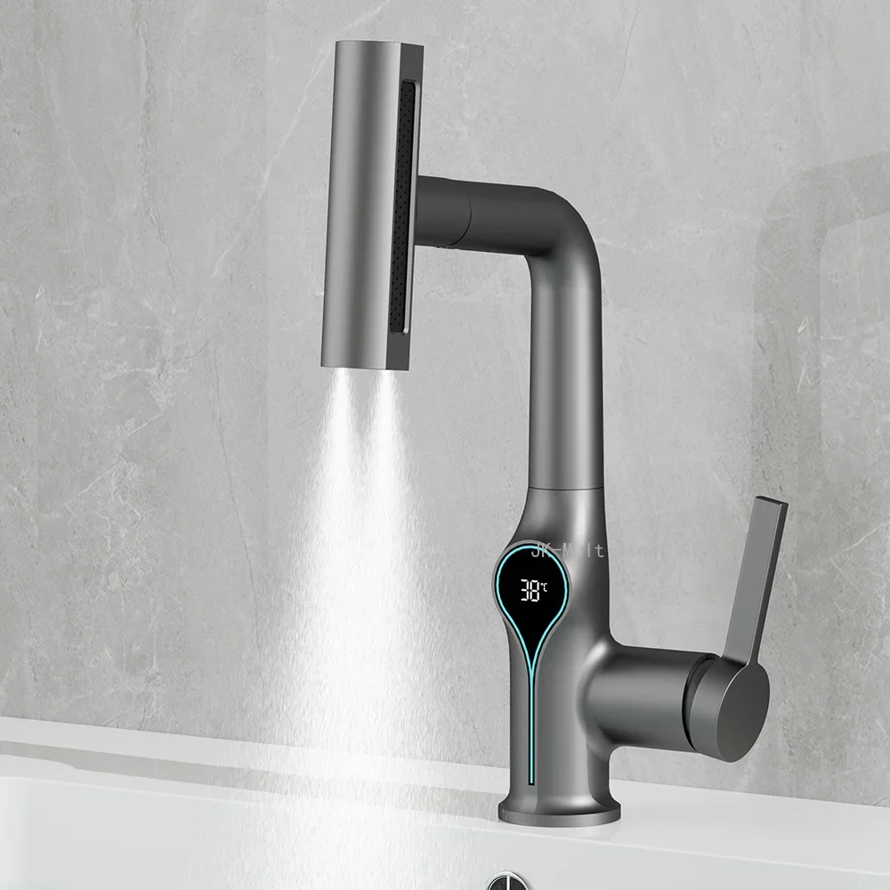Digital Display Waterfall Faucet for Bathroom Sink Hot Cold Water Mixer Wash Tap with Lift up down Stream Sprayer