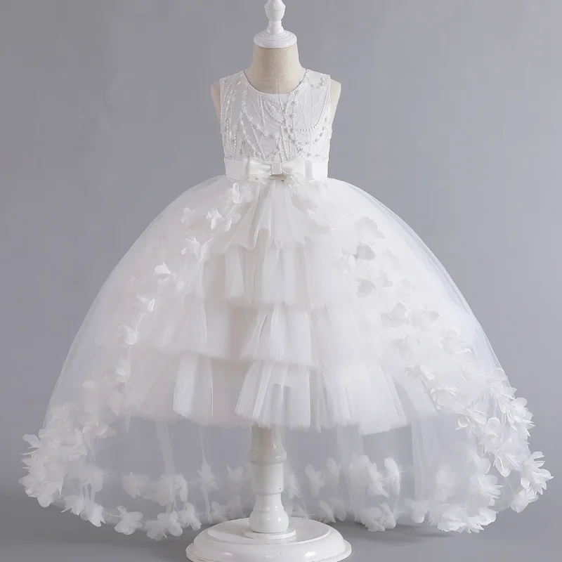 

Kids White Baptismal Wedding Dress Flower Girl Bow Princess Dress Elegant Girls Baby Carnival Birthday Party Tail Ball Gown