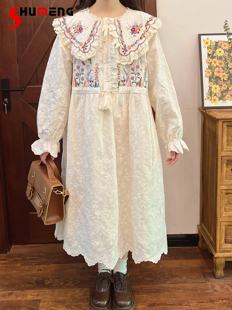 

2024 Women's Spring New Embroidery Big Lapel Long Sleeve Cotton Dresses Mid-Length Lace Fairy Dress Feminine Sweet Long Dresses