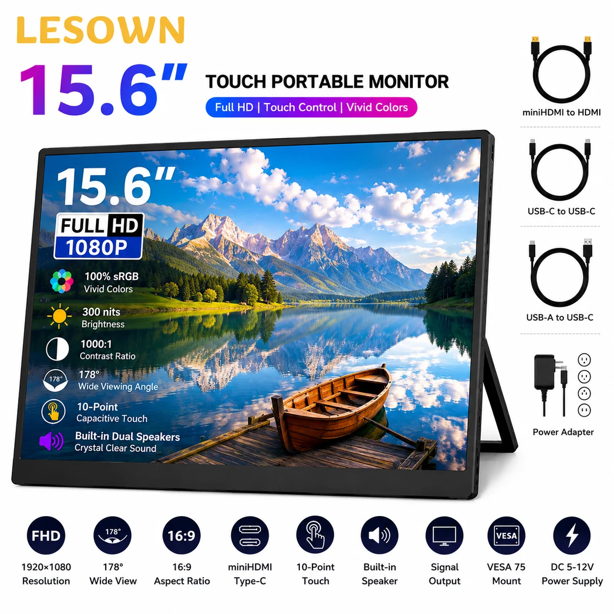 LESOWN 15.6 Inch Portable Display 16:9 Ratio 1080P Visuals Driver-free Desktop Extender for Remote Work
