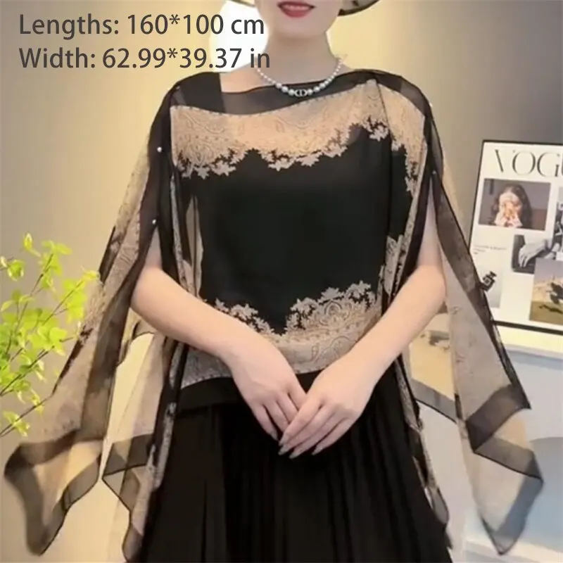 Women Shawl Loose Chiffon Shawl Beaded Pearl Buckle Sunscreen Thin Section Printing Large Shawl Shawl Dual-use