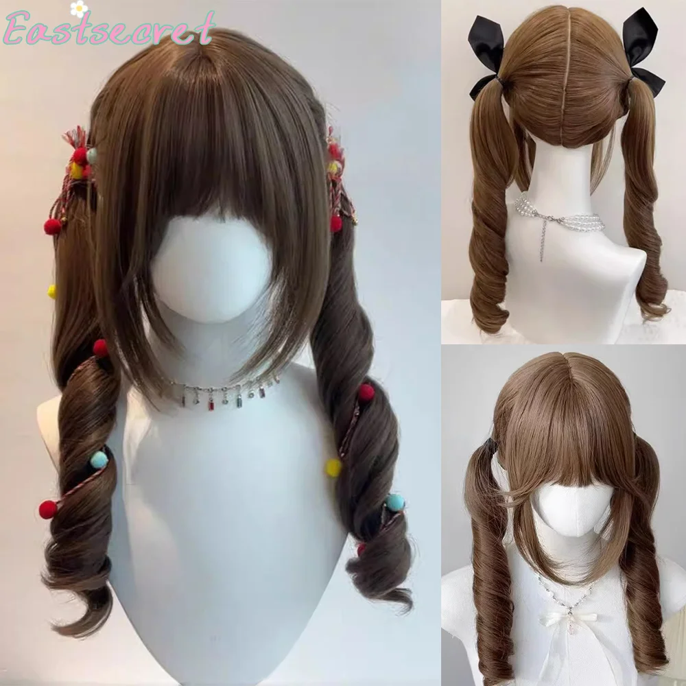 EAST Honey Tea Brown Double Ponytail Curly Hair Scalp Lolita Roman Curl Wigs With Thick Bangs Heat Resistant Synthetic Wig