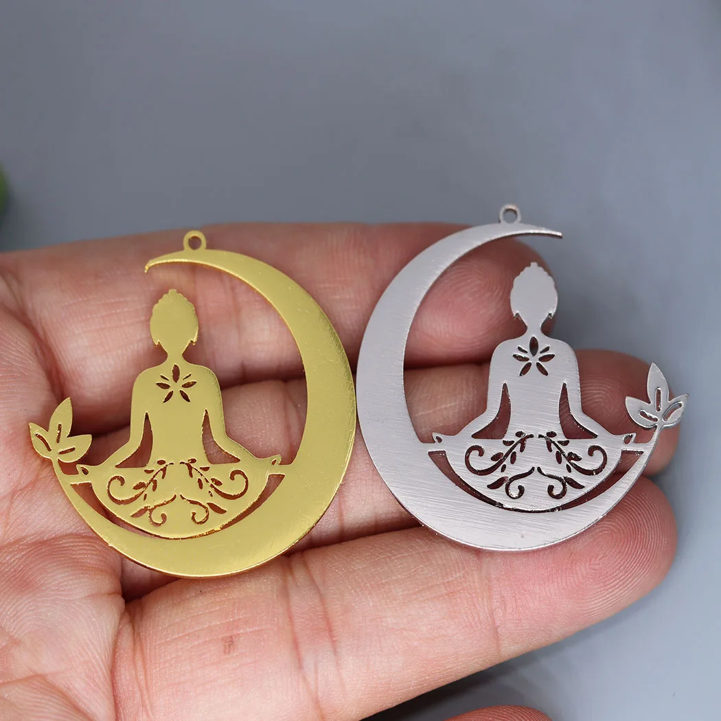 3pcs Vintage Moon Lotus Flower Yogo Buddhism Stainless Steel Pendant Charm for Jewelry Making DIY Craft Earrings Necklace Amulet