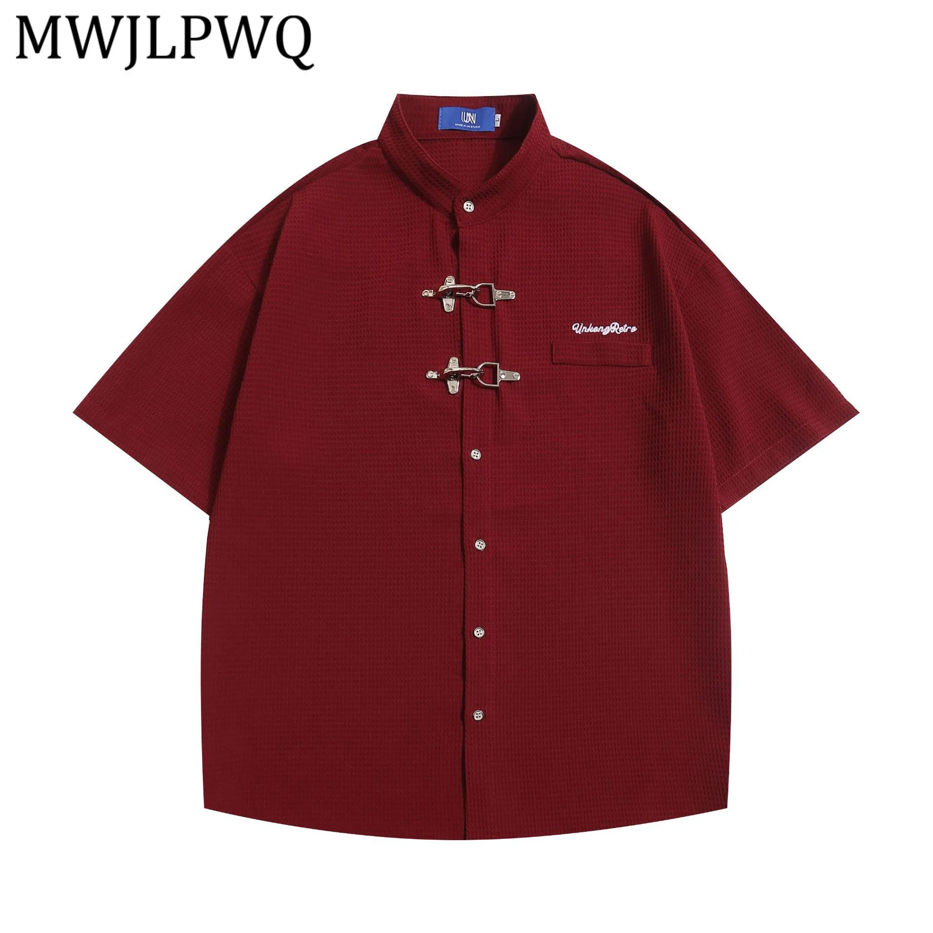 

MWJLPWQ Metal Buckle Casual Lapel Shirt For Men Summer High Street Emboridery Design Loose Short-Sleeve Cardigan Tops Chic 15243