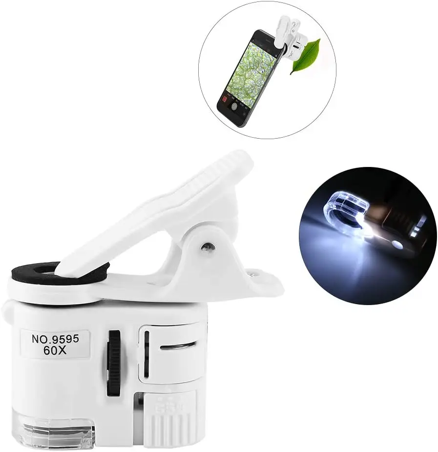 Magnifying Glass with Light 60x Zoom Microscope Magnifier LED UV Light Clip-on Micro Lens for Universal Mobile Phones