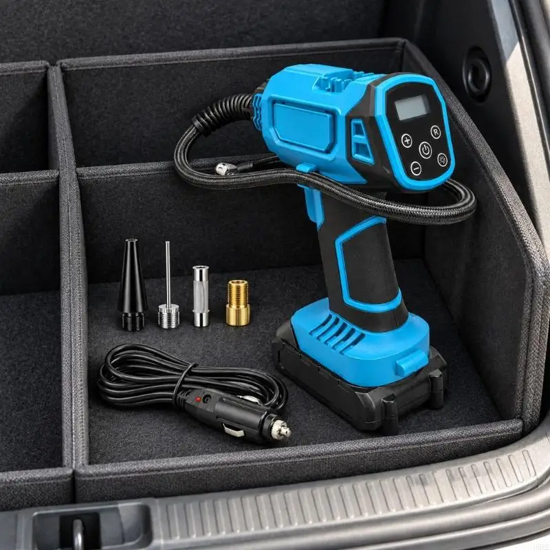 Digital Tire Inflator with Selectable Pressure and Automatic Shutoff, Integrated Light, and Attached Hose for Car and H9EE