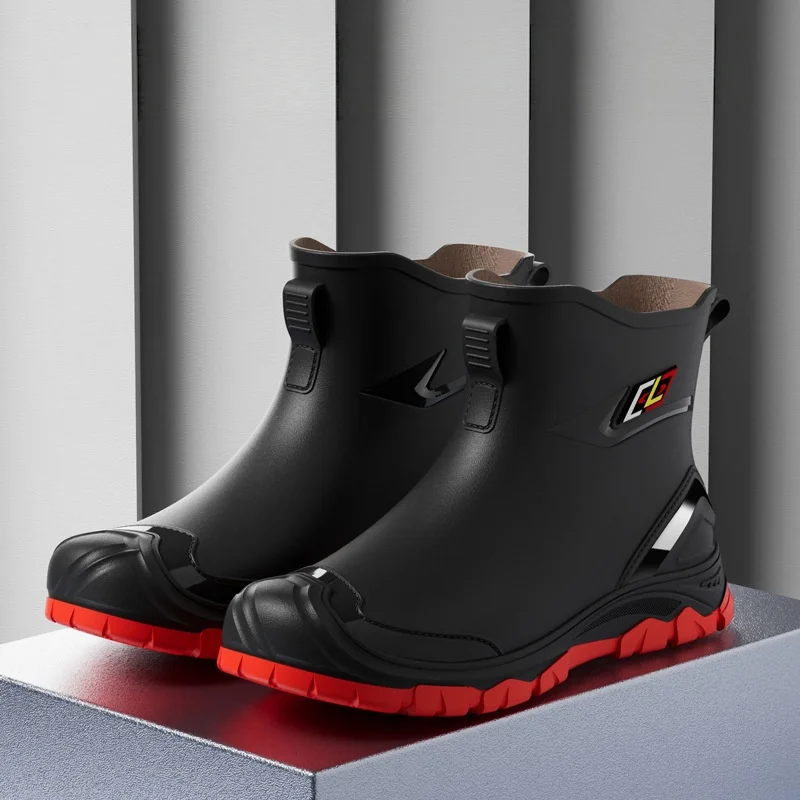 Men All Season Rain Boots Matte Finish Pull On Ankle Boot Textured Thick Lug Sole Outdoor Work Casual Footwear