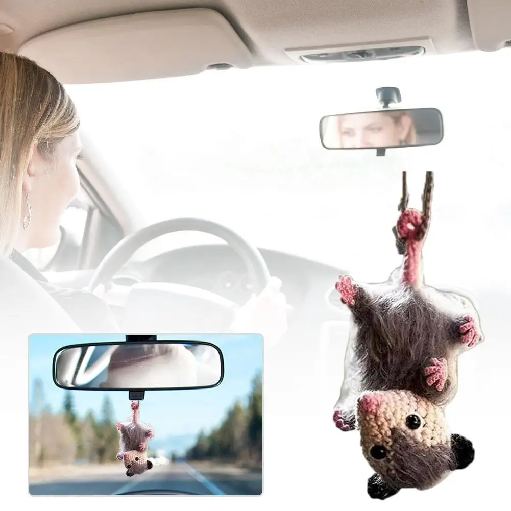 Cute Possum Opossum Car Charm Hand woven Crochet Rearview Mirror Decor Pendant Key Chain Auto Interior Accessories