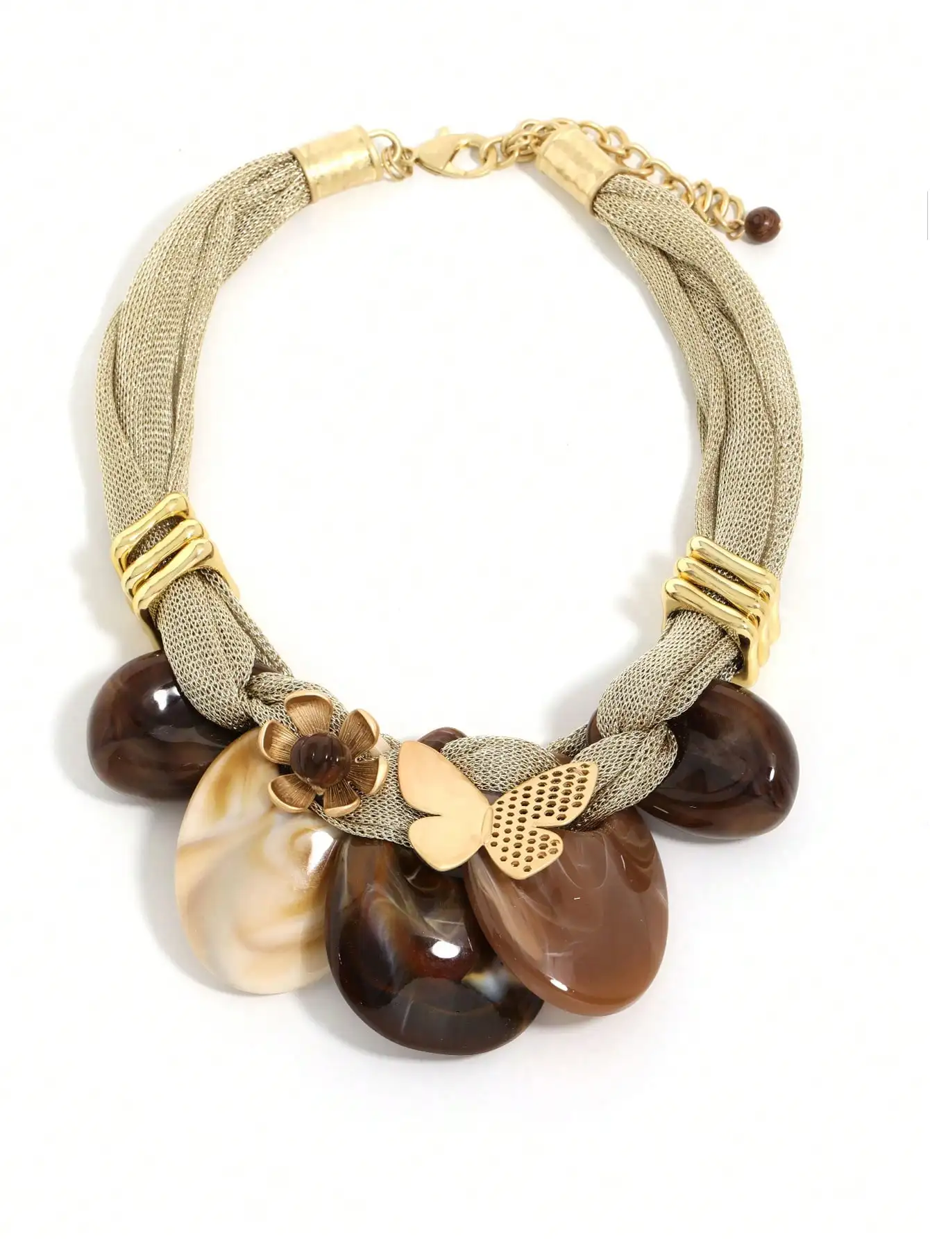 

Ожерелье-чокер с коричневым агатом и золотистыми цветочными бабочками