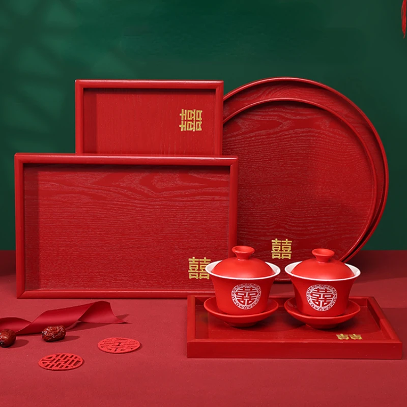 

Chinese Wedding Tray Round Red Plate Wedding Supplies Candy Dried Fruit Plate Solid Wood Tea Tray