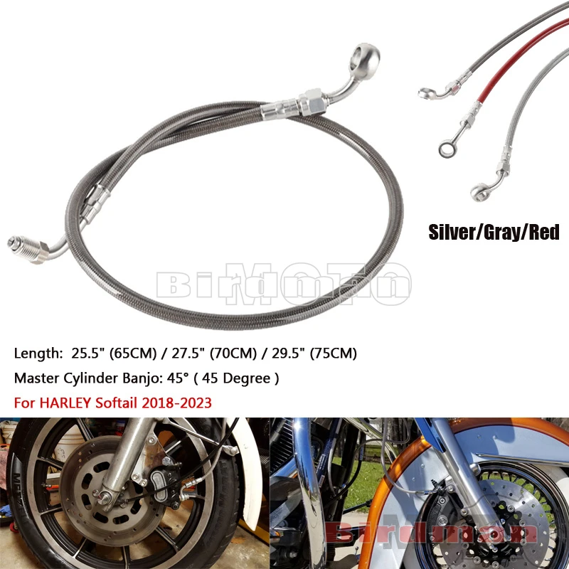 65/70/75cm Motorcycle Front Upper Braided Brake Pipe Line Cable Oil Hose Tube For Harley Softail M8 2018-2023 FXLR FXST FLSB