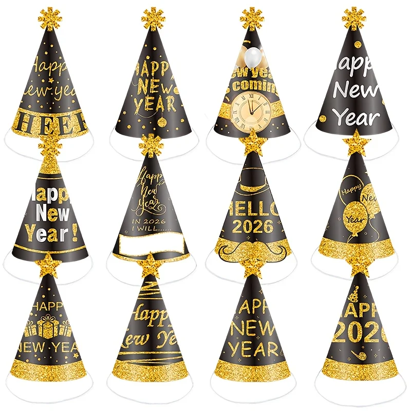 12 Stück Frohes Neues Jahr Partyhüte 2026 Papierkegelhut Silvesterhüte Silvester Partygeschenke Zubehör für Foto-Requisiten-Dekore