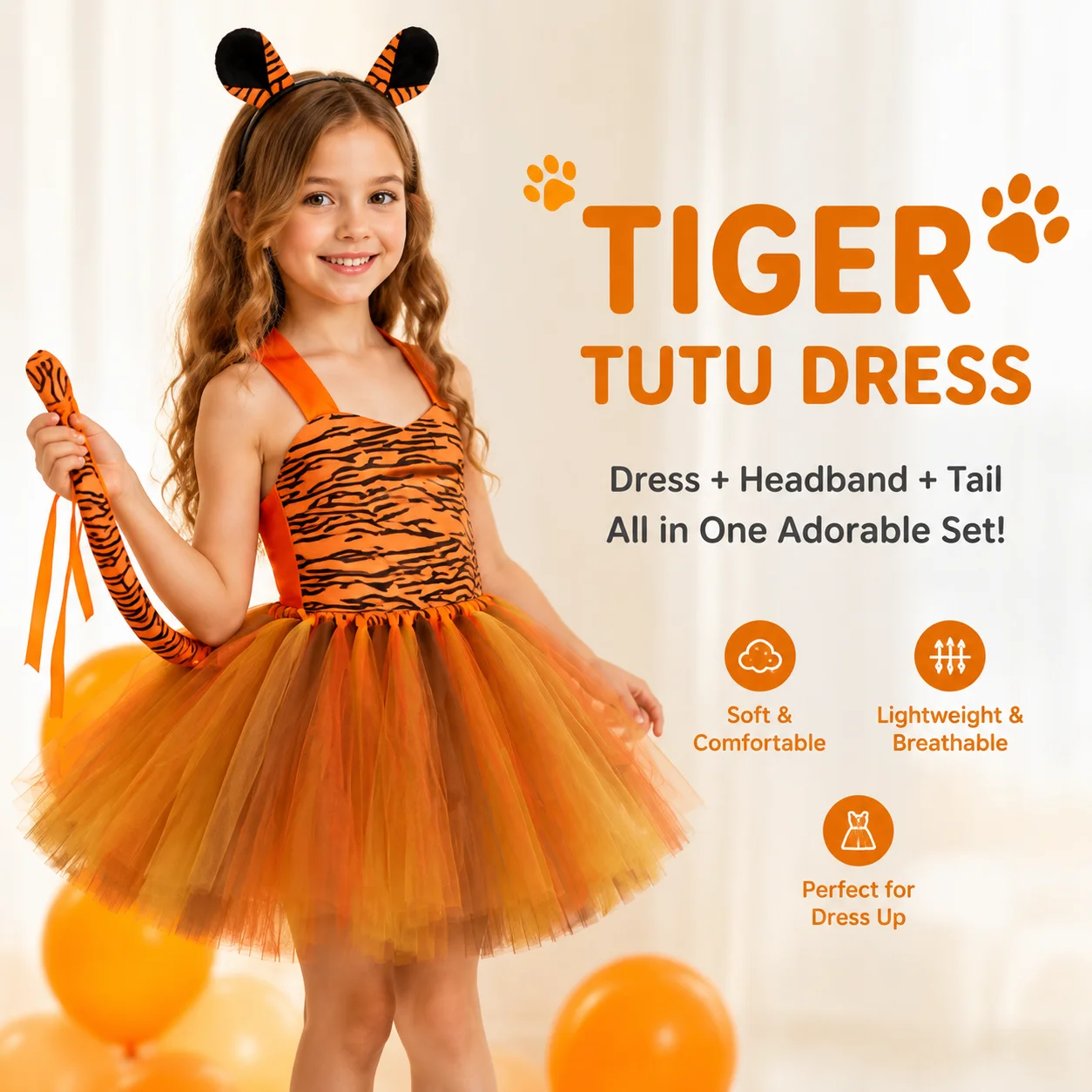 

Animal Print Tutu Costume Dress with Ear Headband and Tail, Halter Neck Layered Tulle Skirt Halloween Jungle Themed Party Outfit