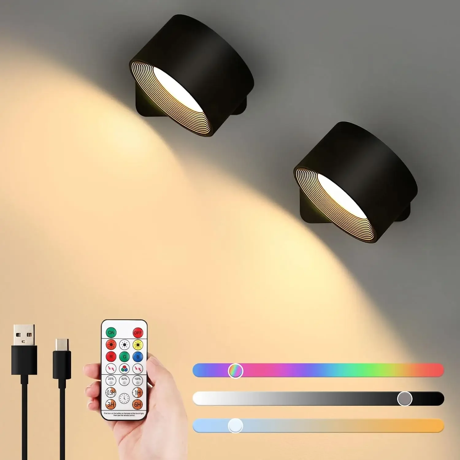 

LED Dimmable Wall Mounted Lamp Rechargeable 360°Rotate Magnetic Ball,With Remote Control,Cordless Wall Light for Reading Bedsid