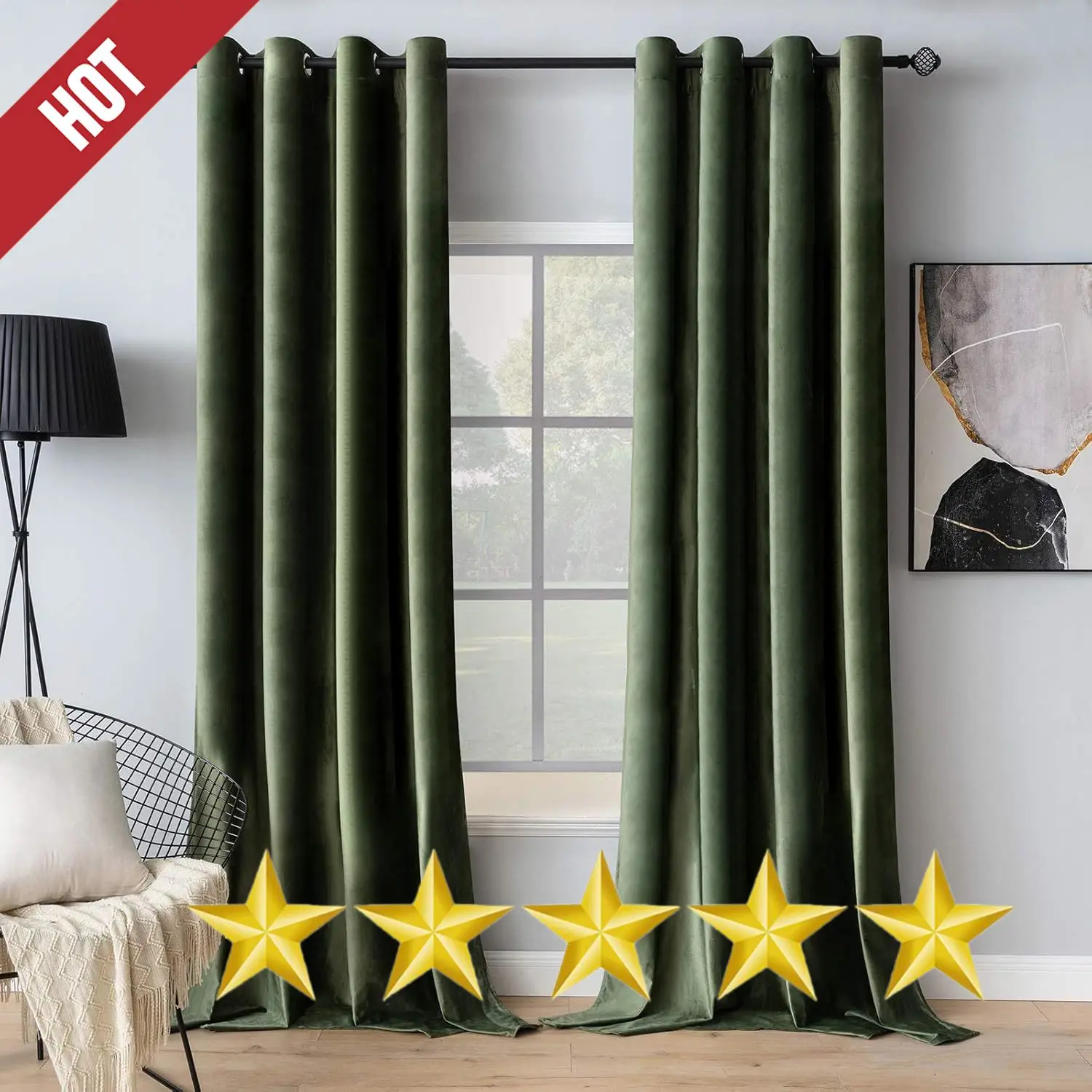 Velvet Curtains Olive Green Elegant Grommet Curtains Thermal Insulated Soundproof Room Darkening Curtains