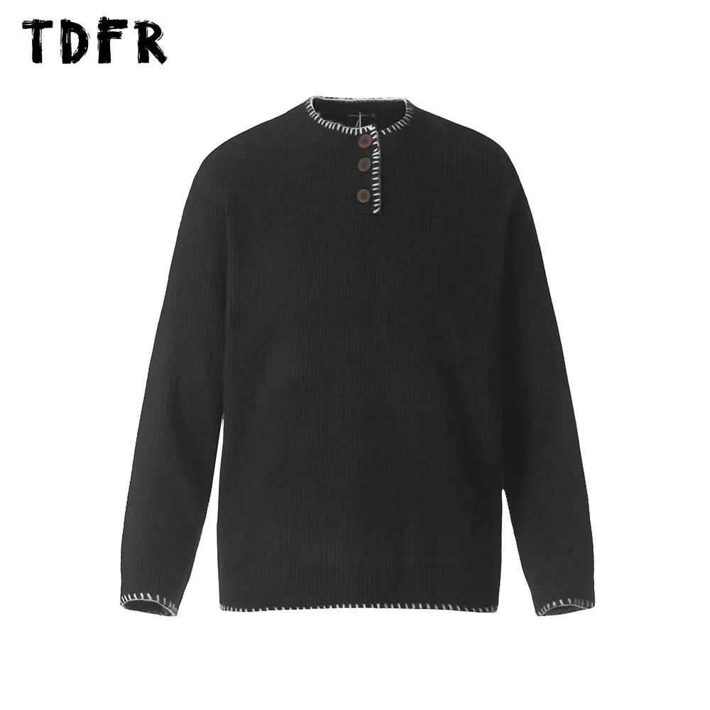 Henley Collar Knitted Sweater Mens Embroidery Autumn Winter Streetwear Loose Long Sleeve Pullover Men