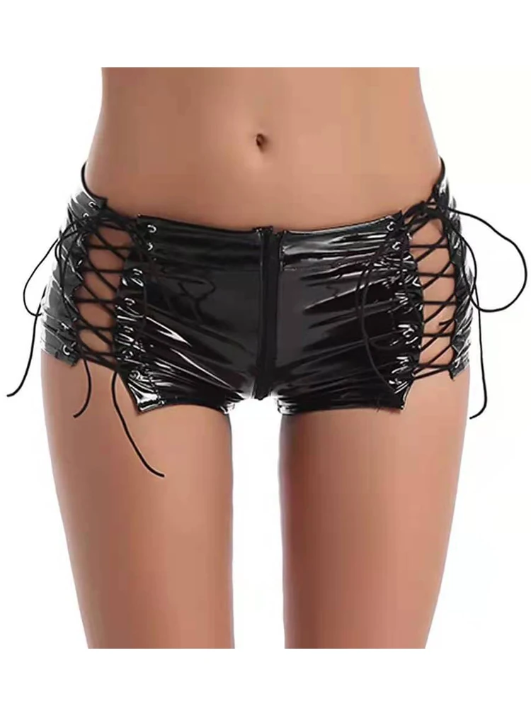 Wet Look PVC Booty Shorts Zipper Open Crotch Bandage Shiny PU Leather Short Pantalon Corto Hollow Out Sexy Pole Dance Clubwear