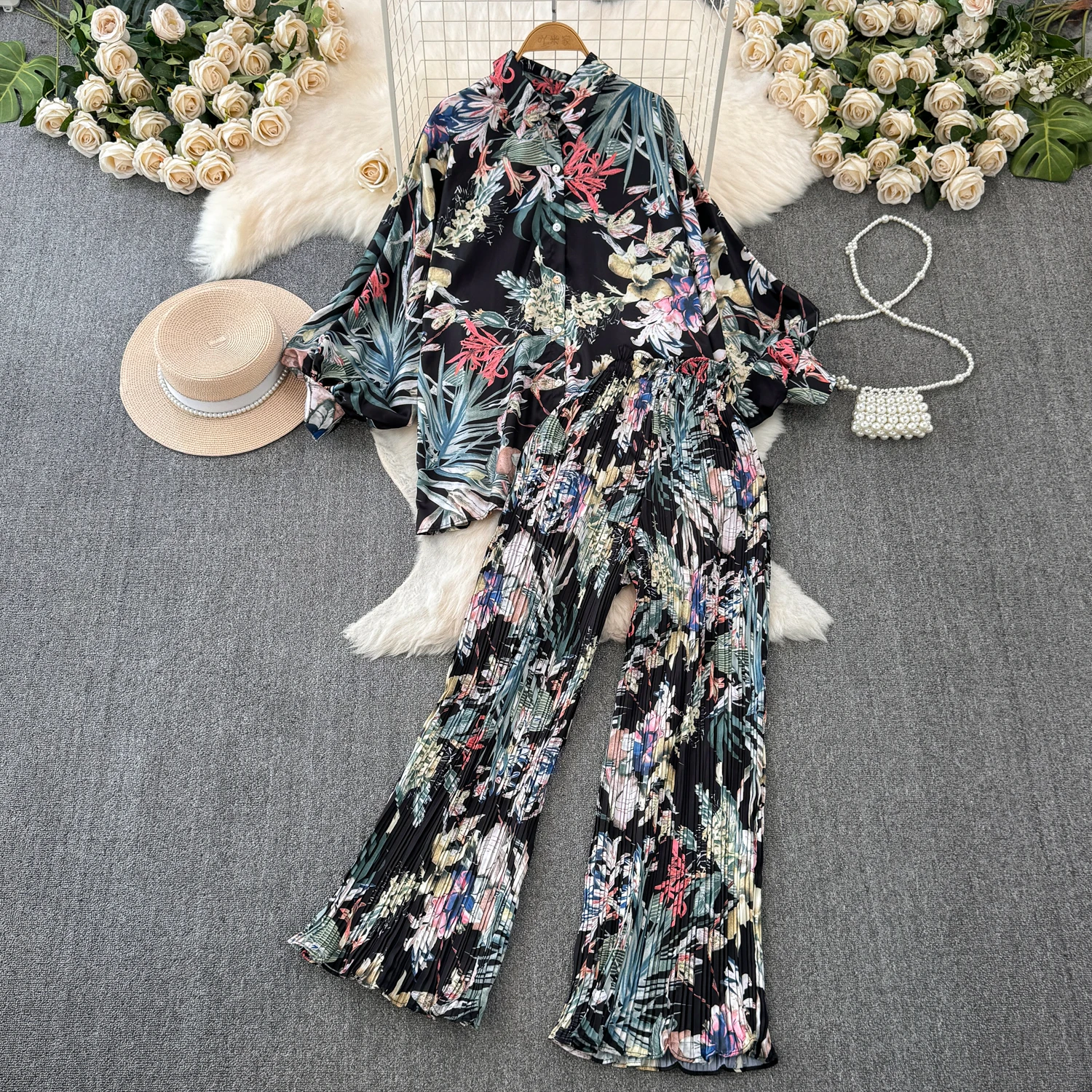 New Elegant Women\'s Fashion Sets Casual Long Sleeve Shirt Straight Pants Suit Female 2024 Loose Print Tops Two Pieces Outfits