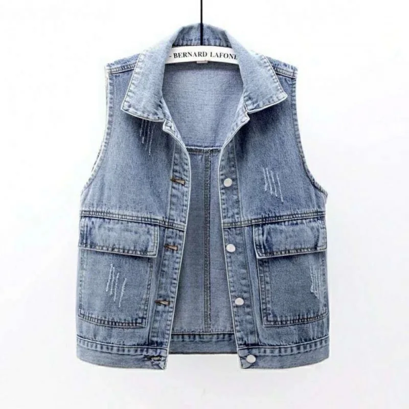 2024 Women's Short Simple Large Pocket Denim Vest All-Matching Loose