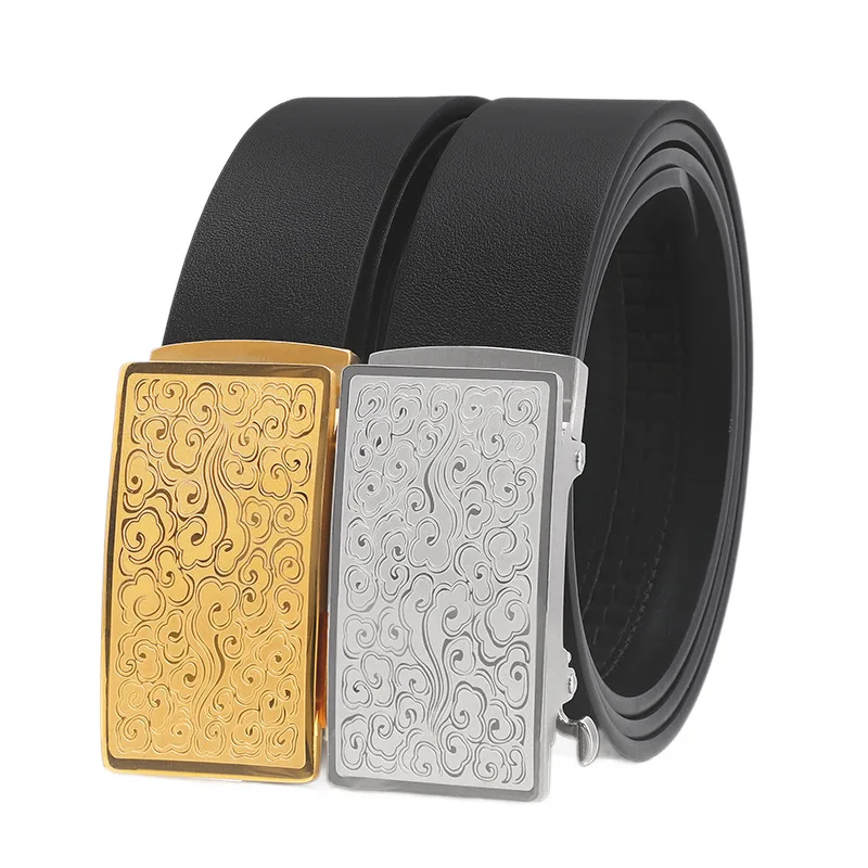 Men's waistband with automatic leather buckle and steel buckle, embossed cloud pattern, suitable for business formal trousers