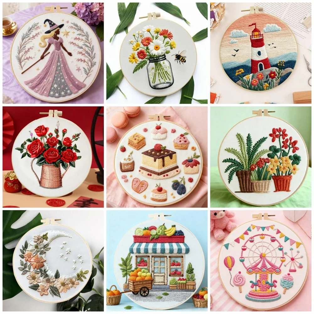 Fournitures de broderie à faire soi-même, Portrait de paysage de fleurs, couture, Kit de démarrage pour débutants, artisanat, cadeau Unique