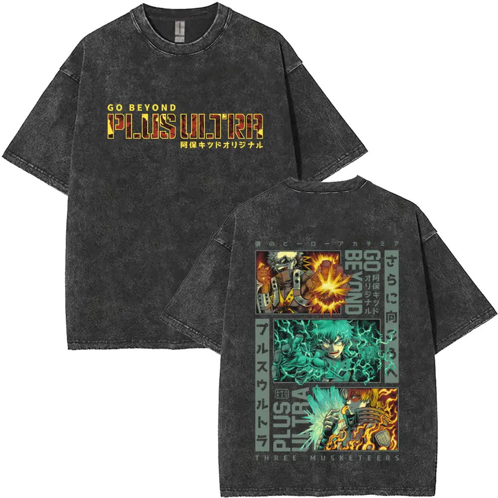 Washed Vintage Anime My Hero Academia T Shirt Todoroki Shoto Bakugou Katsuki Midoriya Izuku Deku T-shirt Men Oversized T-shirts