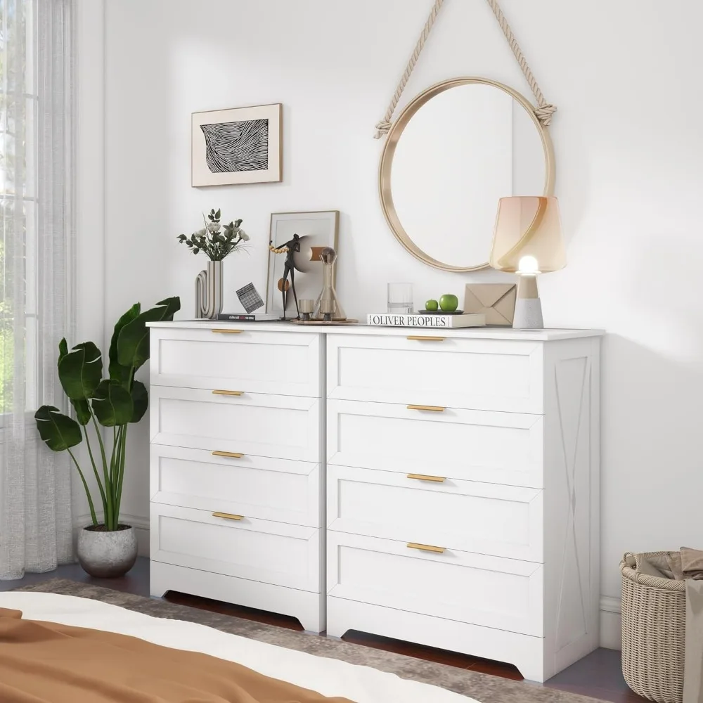 Elegant Tall Wooden Dresser with Four Large Drawers and Golden Hardware for Bedroom Storage