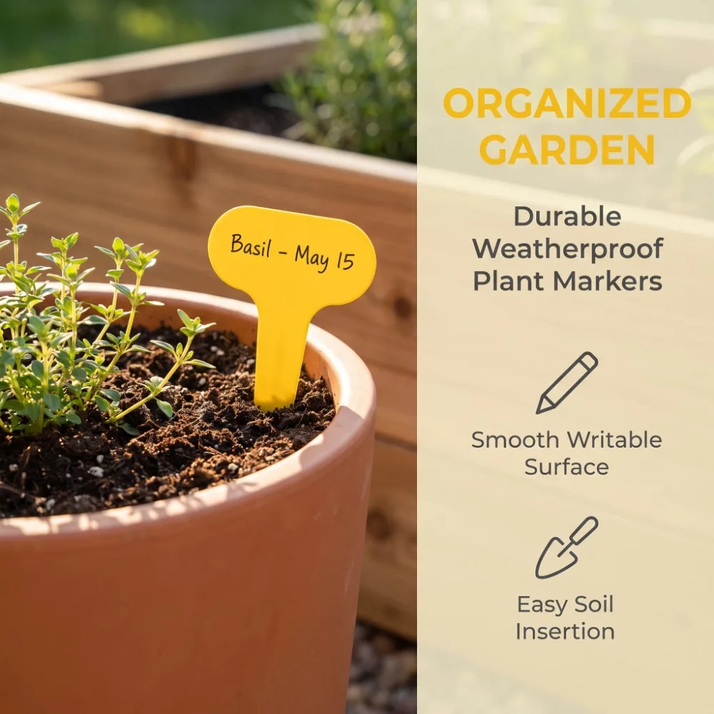 100 Pcs Practical Plastic Plant Labels T-Shape Design Yellow Garden Tags 1.97x2.76in T-Type Plant Labels Gardening Use