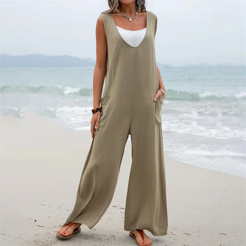 Summer New Solid Color Patch Pocket Jumpsuit Fashion V-Neck Strap Pants Wide Leg Pants Available In 5 Colors For Women