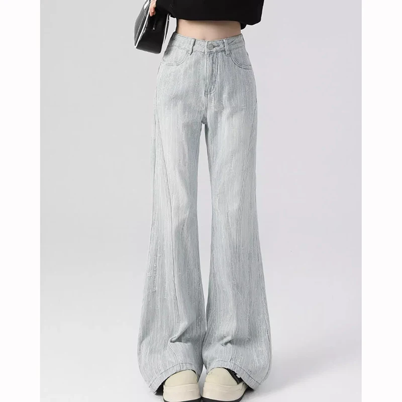Girls Light Color Thin Flared Jeans Women Chic New Straight Leg Denim Trousers Lady Fashion High Waist Casual Pants