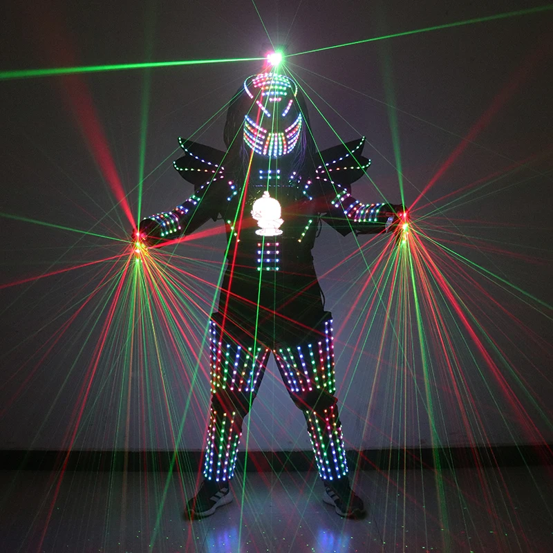 Pixel a colori LED Costume da robot Vestito da ballo di scena LED Giacca luminosa Abbigliamento Abbigliamento da prestazione Casco laser con guanti laser