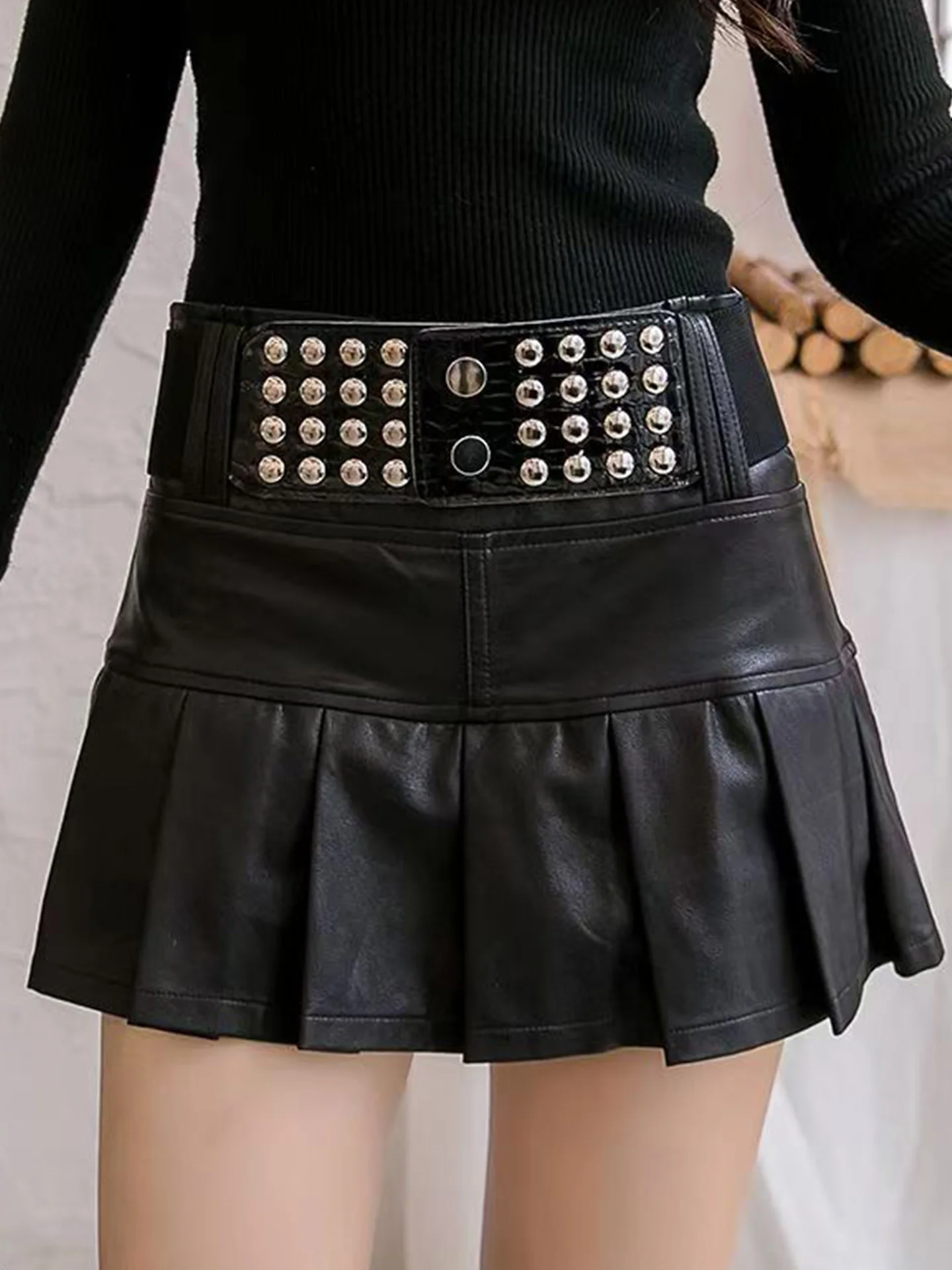 

Sexy PU Leather Skirt High Waist A-Line ort Skirt Women's Faionable Pleated Skirt Bla Bodycon f-length Skirt