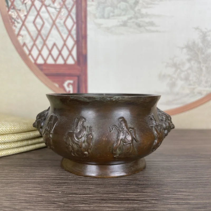 Antique Bronze Eight Immortals Crossing the Sea , Open-Top Incense Burner Ornament, Vintage Home and Office Decora