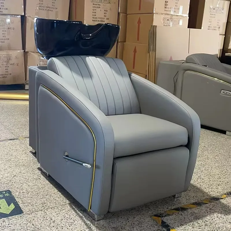 Wholesale Beauty Salon Furniture Black Ceramic Basin Shampoo Chair Modern Barbershop Head Therapy Washing Chair