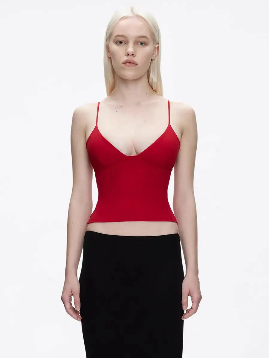 Tankair red elastic tight fitting deep V-neck camisole top with cinched waist and versatile vest for women