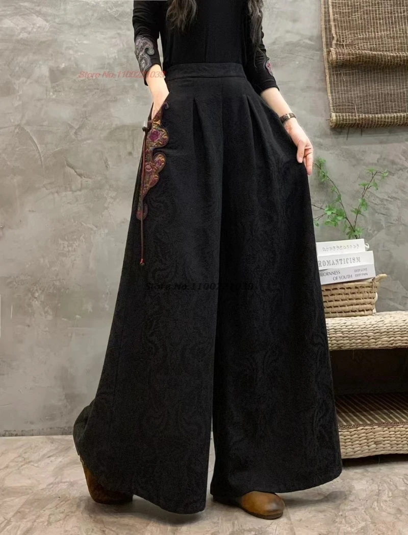 2025 chinese vintage pants cotton linen jacquard trousers national flower embroidery folk pants elastic waist wide leg trousers