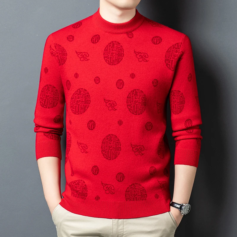 

Warm Fleece Chinese Elements Men Sweater Pullovers Knitwear Silky Winter Thick Quality Wool 100% Skin-Friendly Sueters De Hombre