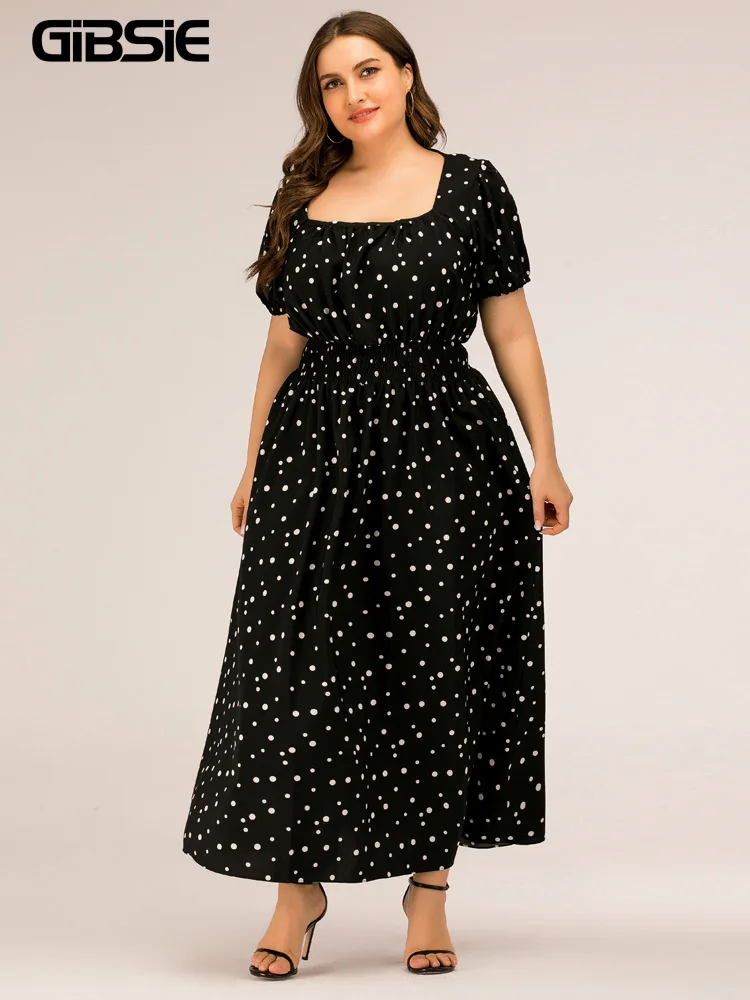 GIBSIE Square Neck Polka Dot Puff Sleeve Dress Women Black Elegant High Waist Dresses 2022 Plus Size A-line Summer Long Dress