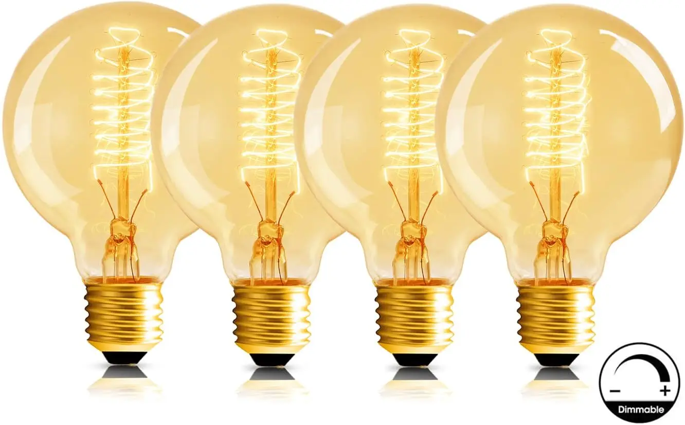 

Vintage G80 Edison Bulbs, 4-Pack 60W 2700K, Dimmable Spiral Filament, E26 Base Amber Soft Light for Home Bar