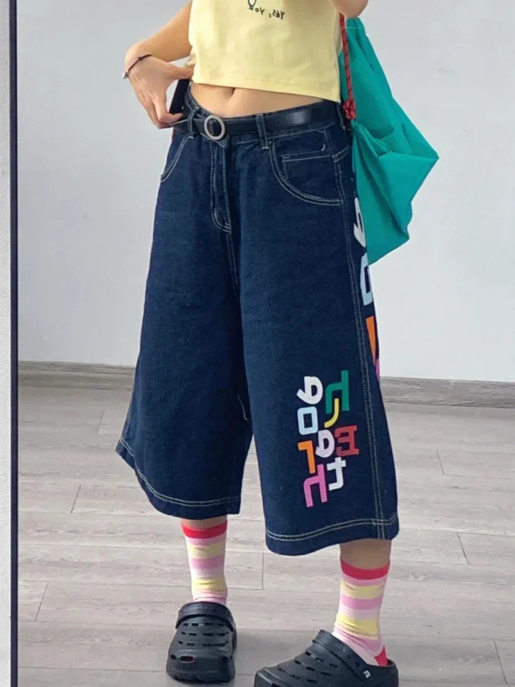 QWEEK Letter Print Jorts Women Y2K Baggy Vintage American Streetwear Wide Leg Knee Length Jeans Harajuku Summer Denim Shorts