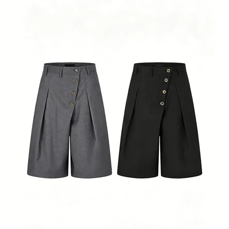 LUZHEN 2026 Summer Trendy Original Pleated Design Buttoned Slant Placket Straight Casual Men's Handsome Cropped Trousers JY8365