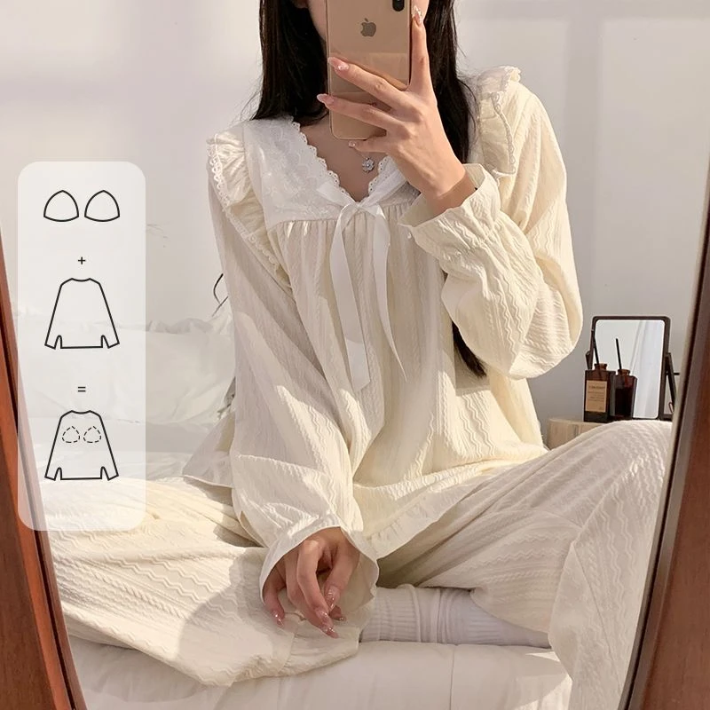 Women Spring Pajamas with Breast Cushion Solid Color Sexy Sweet Pyjamas Lace Long Sleeve Nightgown Set Lacework Bow Sleepwear