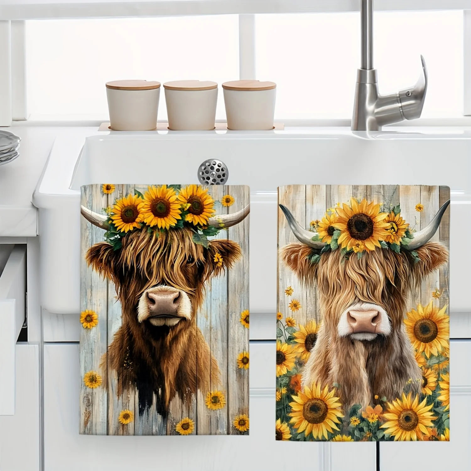 2pcs Autumn Highland Cow Sunflower Pattern Dish Towel, Scouring Pad, Dish Towel, Suitable for Restaurant, Household Goods